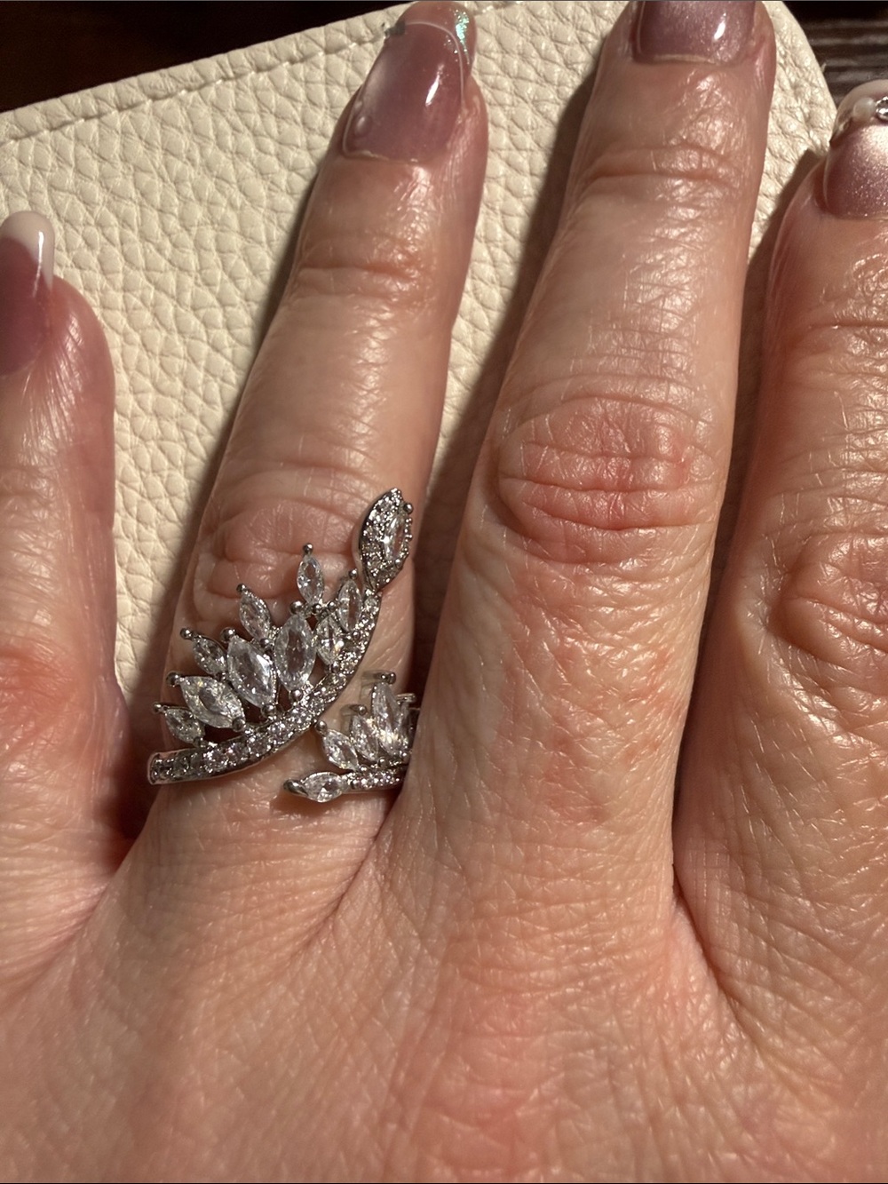 Silver Tone and White Topaz Crystal Leaf Wrap Ring - 18K White Gold Fill *NEW